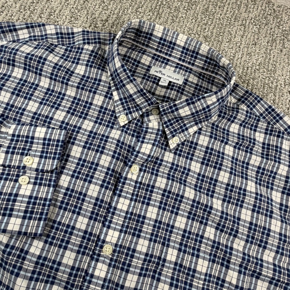 Peter Millar Button Down Men XL Blue Plaid Linen Blend Long Sleeve Logo